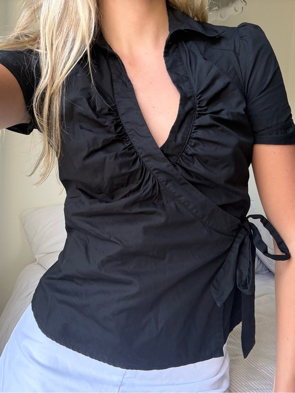 vintage 90ms y2k Black Wrap Short-Sleeve Top